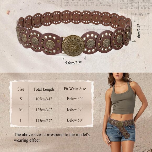 Women Vintage Disc Waist Concho Leather Belt Boho Waist Belt Brown Bronze Buckle main image 4